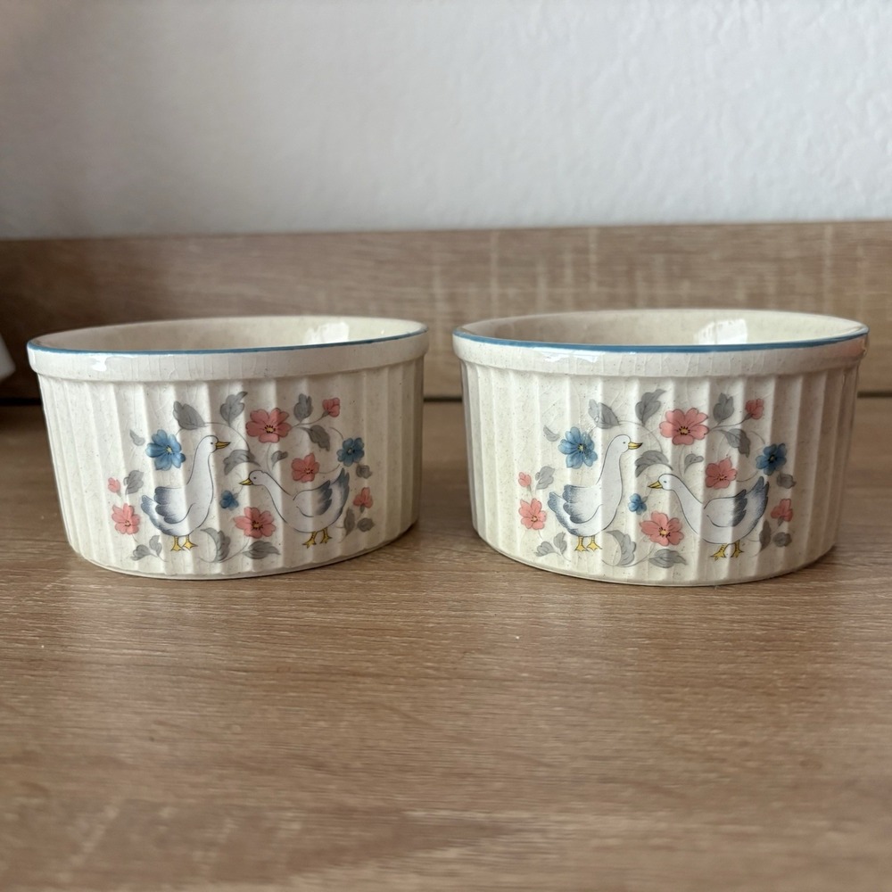 Set of 2 Cottagecore Vintage Country Classics Goose Geese Floral Ramekins 1988